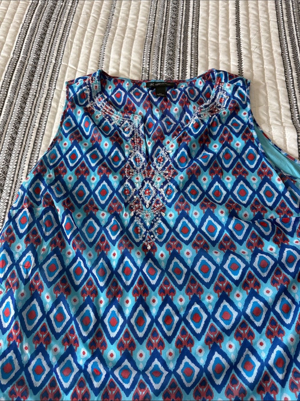 INC International Concepts Blue Beaded Geometric Sleeveless Blouse